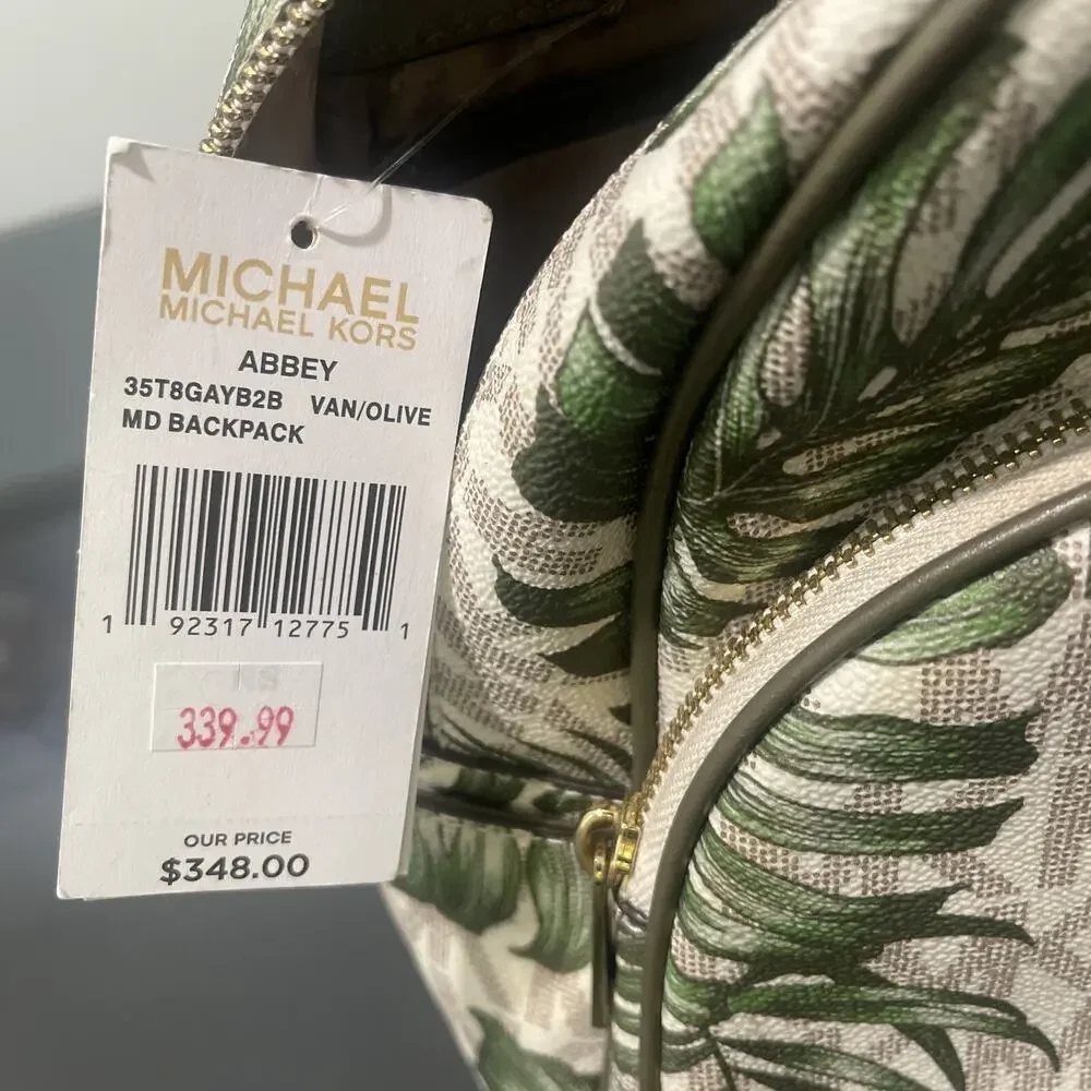 NWT Michael Kors Leather Abbey Vanilla Olive MK Logo Palm Leaf Backpack Rare